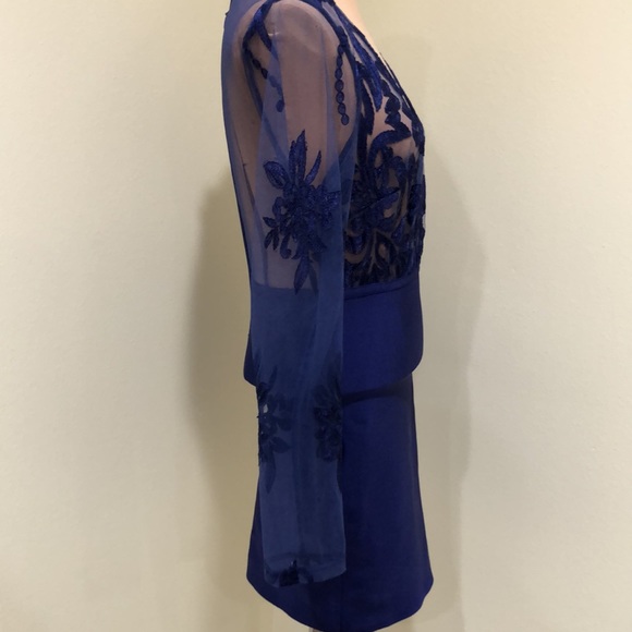 SOLD Fashion Nova Blue Mesh Floral Lace Plunge Low Cut Bodycon Dress Size XL - Picture 3 of 9